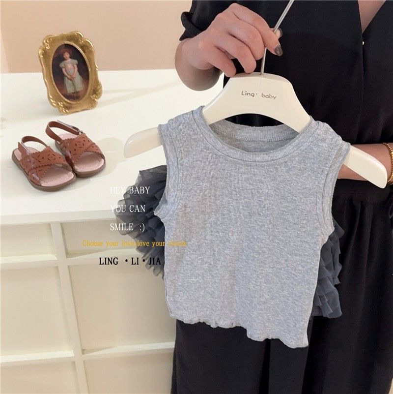 Mother & Kids Girls Summer Suit New Korean Version Girl Baby Summer Hollow Vest Top Jeans Two Piece Suit Trendy_voghion.com