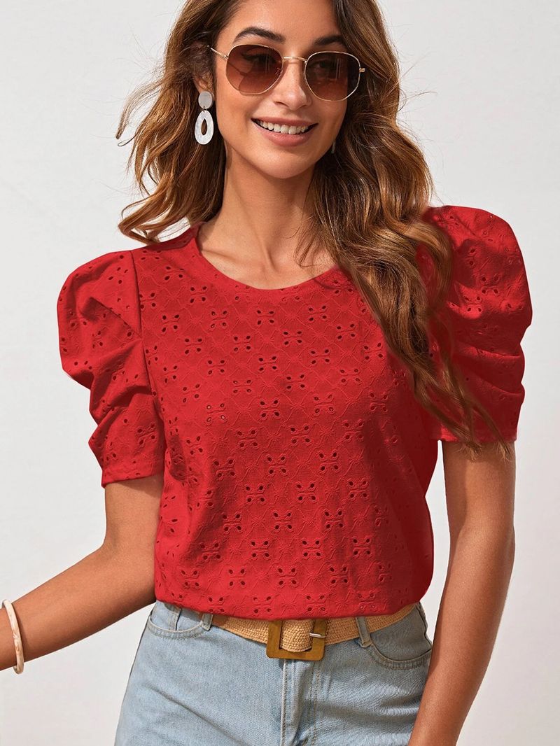 Einfarbiges T-Shirt für Damen mit Rundhalsausschnitt, Jacquardmuster und Puffärmeln_voghion.com