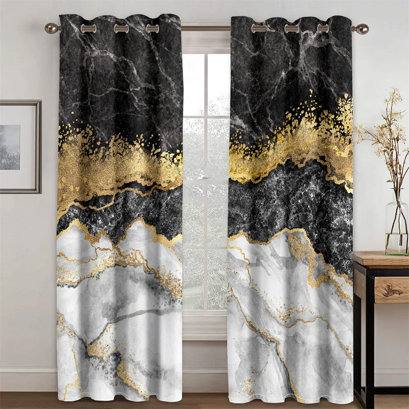 Luxurious Marble Abstract Art Pattern Gold Green 2 Pieces Thin Shading Window Curtains For Living Room Bedroom Home Decor Hook_voghion.com