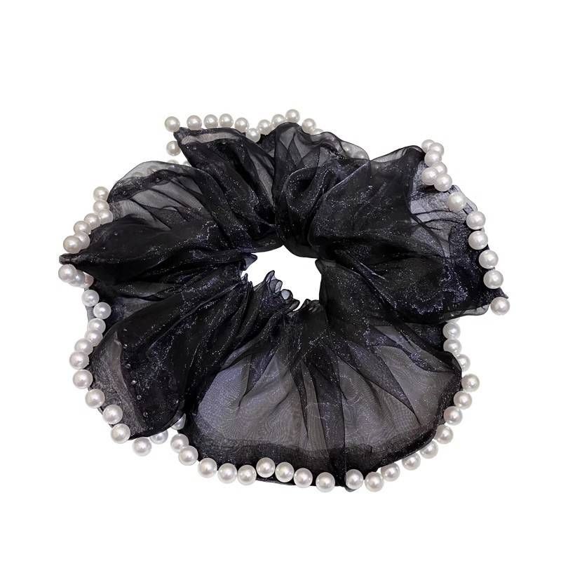 Sommernetz-Haargummis in Volltonfarbe für Mädchen mit schwarzen/cremefarbenen Perlen für Haar-Accessoires für Frauen_voghion.com