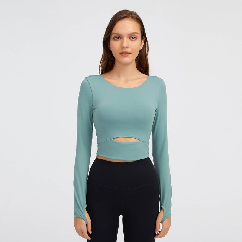 Women's Clothing Chest Pad Sports Long Sleeved T Shirt Fashionable Short Outdoor Running Slim Yoga Top_voghion.com