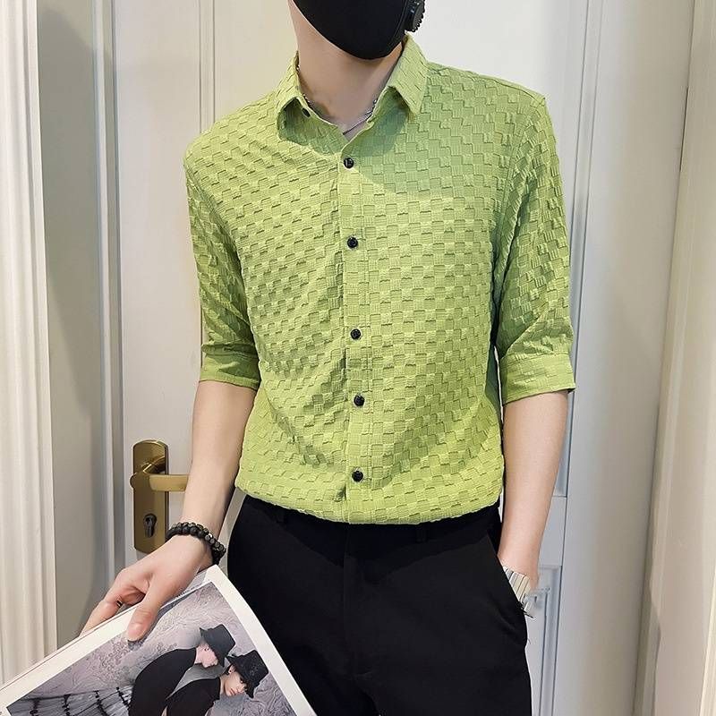 Camisa de manga corta de seda de hielo de alta gama para hombre, moderna camisa de media manga ajustada, ropa informal de verano chic y chic._voghion.com