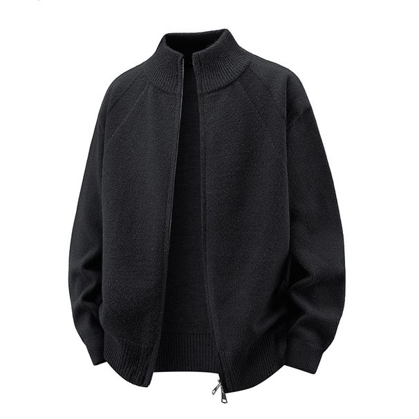 Roupas Masculinas Cardigã Masculino Estilo Coreano com Zíper Duplo - Manga Longa, Caimento Solto, Minimalista, Gola Alta, Unissex_voghion.com