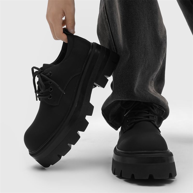 Thick Bottom Increased 7cm Derby Matte High-Grade Men's Casual Black Big Head British Style Small Leather Shoes_voghion.com