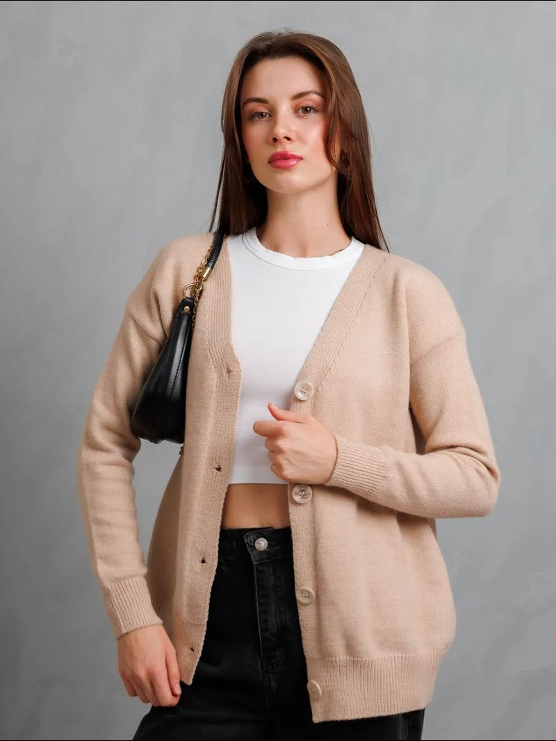 Cardigan en tricot oversize à col en V pour femme – Pull ouvert sur le devant en mélange polyester-nylon (taille unique, 4 tons neutres, superposition minimaliste boutonnée)_voghion.com