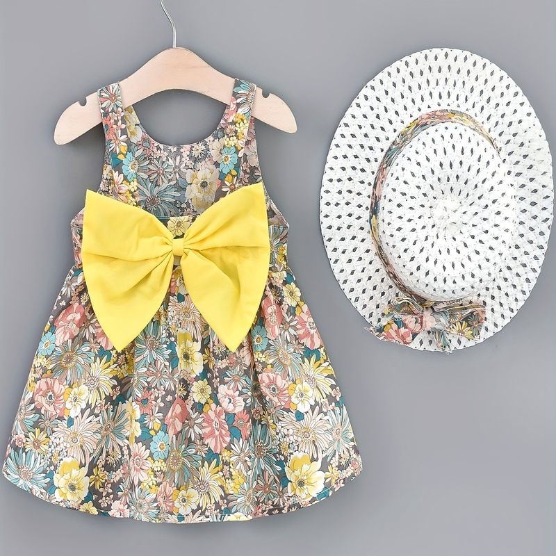 2 stuks babymeisjes mouwloze madeliefjesprint terug grote strik decor strandjurk en hoed set kinderzomerkleding_voghion.com