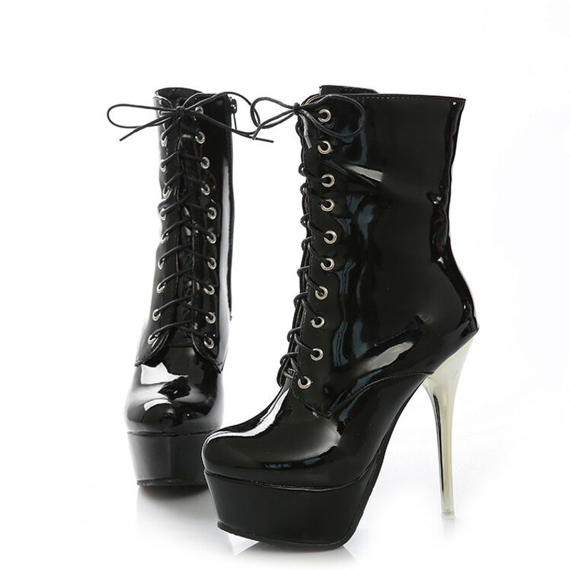 New patt leather metal heel ankle boots with front lace-up side zipper waterproof platform stiletto high heels for_voghion.com