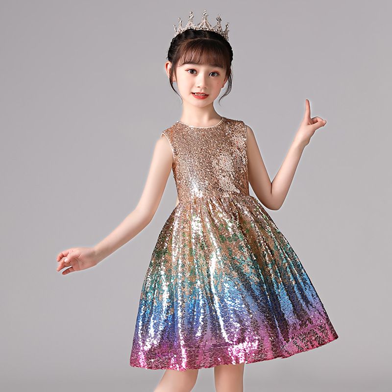 Mother&Kids Show Dress Floral Children's Princess Dress Champagne Sequin Rainbow Summer Children's Dress Girls dress_voghion.com