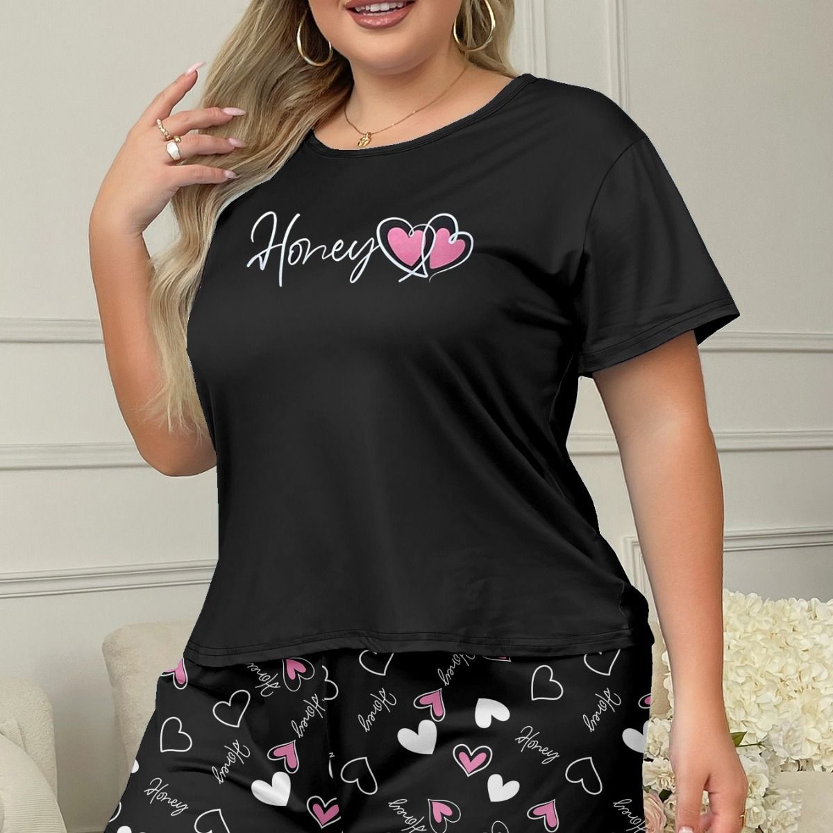 Damen Nachtkleeder nei Mëllechseid Léiftdruck Pyjama bequem Casual Heemkleeder kuerz T-Shorts zweedeeleg Kostüm_voghion.com