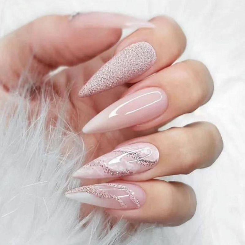 Elegant Long Stiletto Press-On Nails With Glitter Ombre Design - Self-Adhesive & Glue-On Options - Star Pattern_voghion.com