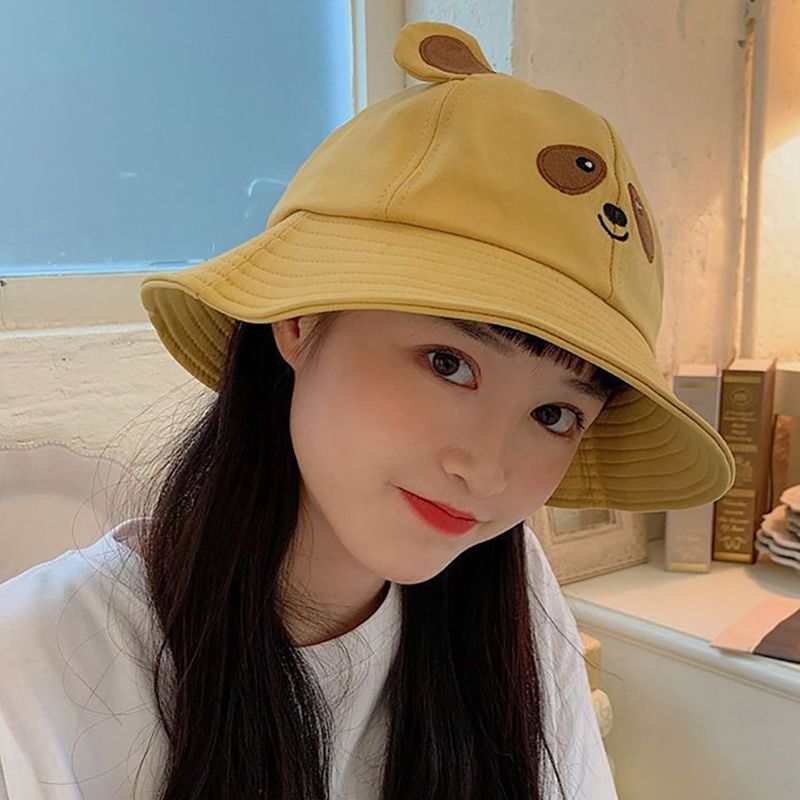 Hot Sale RICYGVM Cartoon Bear Women Fisherman Cap Wide Brim Sunscreen Bucket Hat Soft Cotton Visors Cute Ear Girls Panama Basin_voghion.com