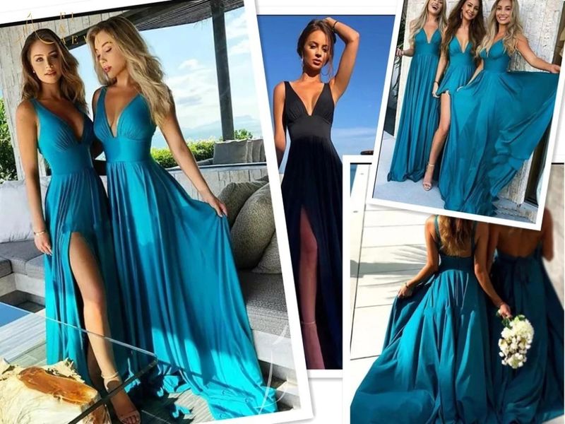Iltapuku samppanja Satin Deep V Neck morsiusneito temperamentti A-linjainen hääjuhlamekko naisille_voghion.com
