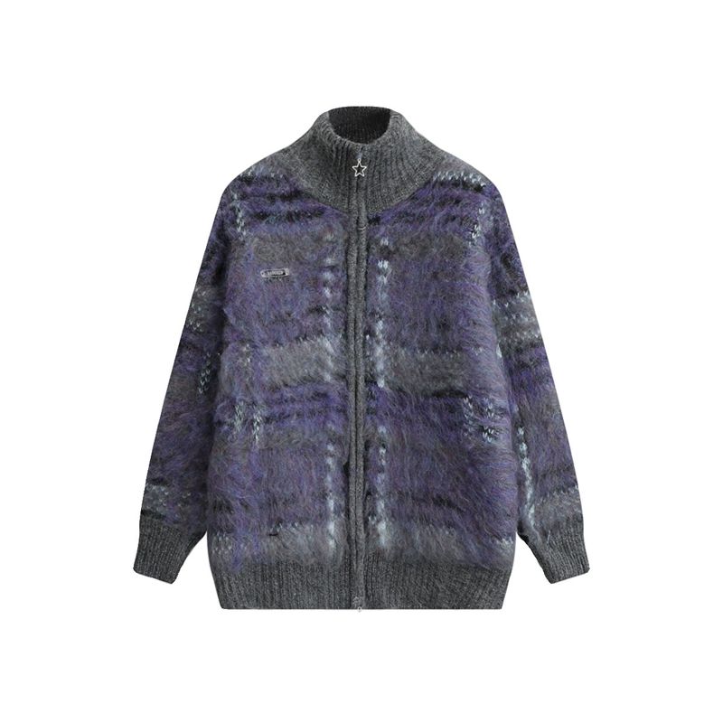 Nuovo maglione cardigan in mohair intrecciato a colori retrò da uomo, maglione lavorato a maglia con cuciture a contrasto_voghion.com