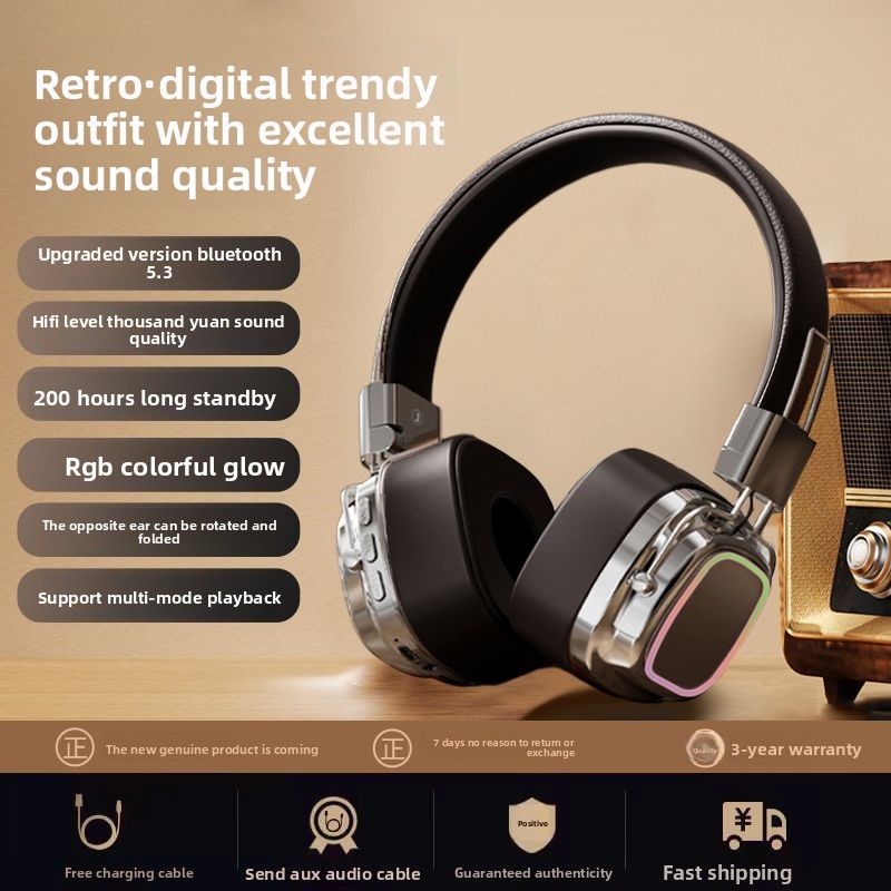 Head-mounted Trendy 5.3 Wireless Bluetooth Luminous Headphones HIFI Heavy Bass Universal For Mobile Phones And Computers_voghion.com