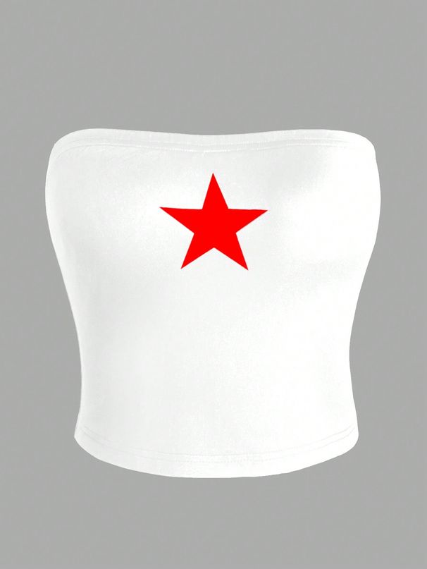 Nuovo top corto sexy senza spalline con stampa a stella rossa americana, vestibilità attillata, ombelico esposto, per ragazze piccanti_voghion.com