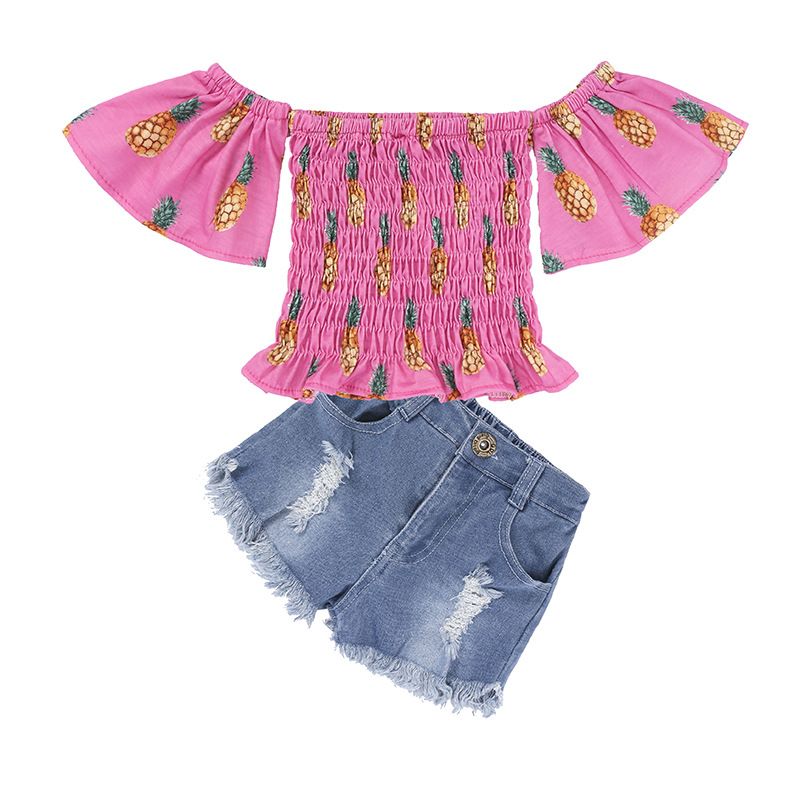 Abbigliamento per bambini Abiti estivi per ragazze Top monospalla alla moda, pantaloncini di jeans, abiti in due pezzi per bambini di piccole e medie dimensioni_voghion.com