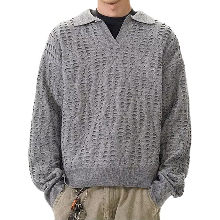 Übergroßes Strick-Poloshirt mit V-Ausschnitt für Damen und Herren – atmungsaktiv, dehnbar, lässige, lockere Passform (Kaffee, Heather Grey)_voghion.com