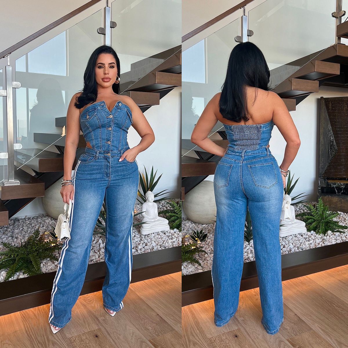 Women's Clothing Tube Top One Shoulder Slim Straight Wide Leg Denim Jumpsuit_voghion.com
