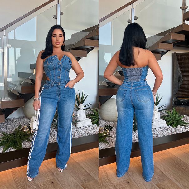 Women's Clothing Tube Top One Shoulder Slim Straight Wide Leg Denim Jumpsuit_voghion.com