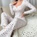 Heißer Verkauf Deep V Spitzenbesatz Knopfärmel Lange Hosen Pyjamas Damen Homewear Zweiteiliges Set_voghion.com