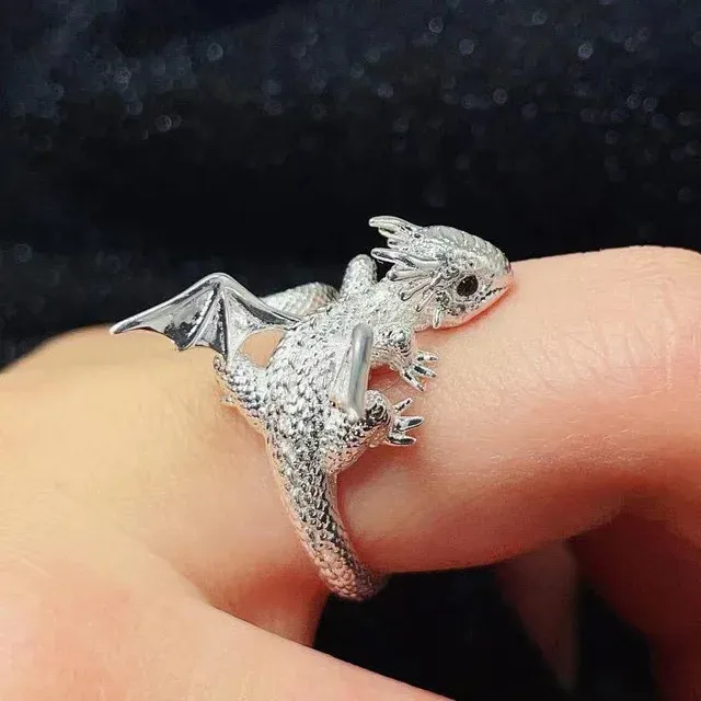 Ready Stock Vintage Dark Dragon Opening Rings for Men Women Cute Animal Sier Color Metal Punk Finger Ring Fashion Jewelry Party_voghion.com