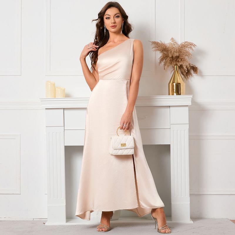 Sexy Oblique Shoulder Half Open Open Open Satin Face Sleeveless Formal Ball Dress_voghion.com