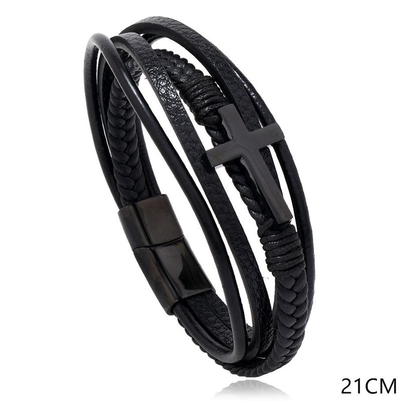 Mehrschichtiges gewebtes Lederarmband aus koreanischer Version mit glatter Magnetschnalle und Kreuz für Herren aus Rindsleder_voghion.com