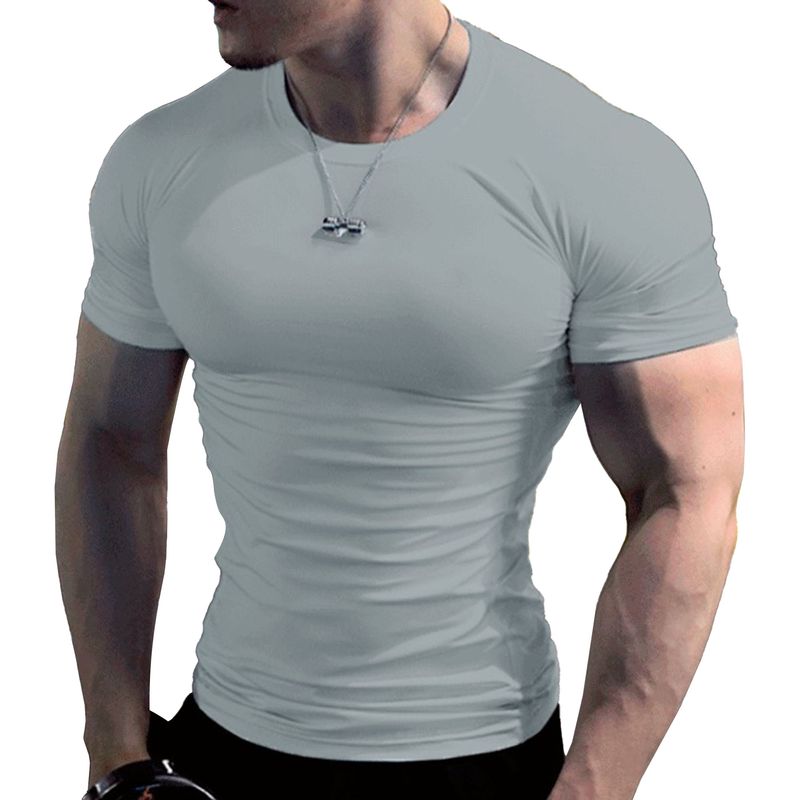Maglietta da uomo girocollo casual muscolosa a maniche corte, maglietta da palestra tinta unita, vestibilità slim, magliette leggere_voghion.com