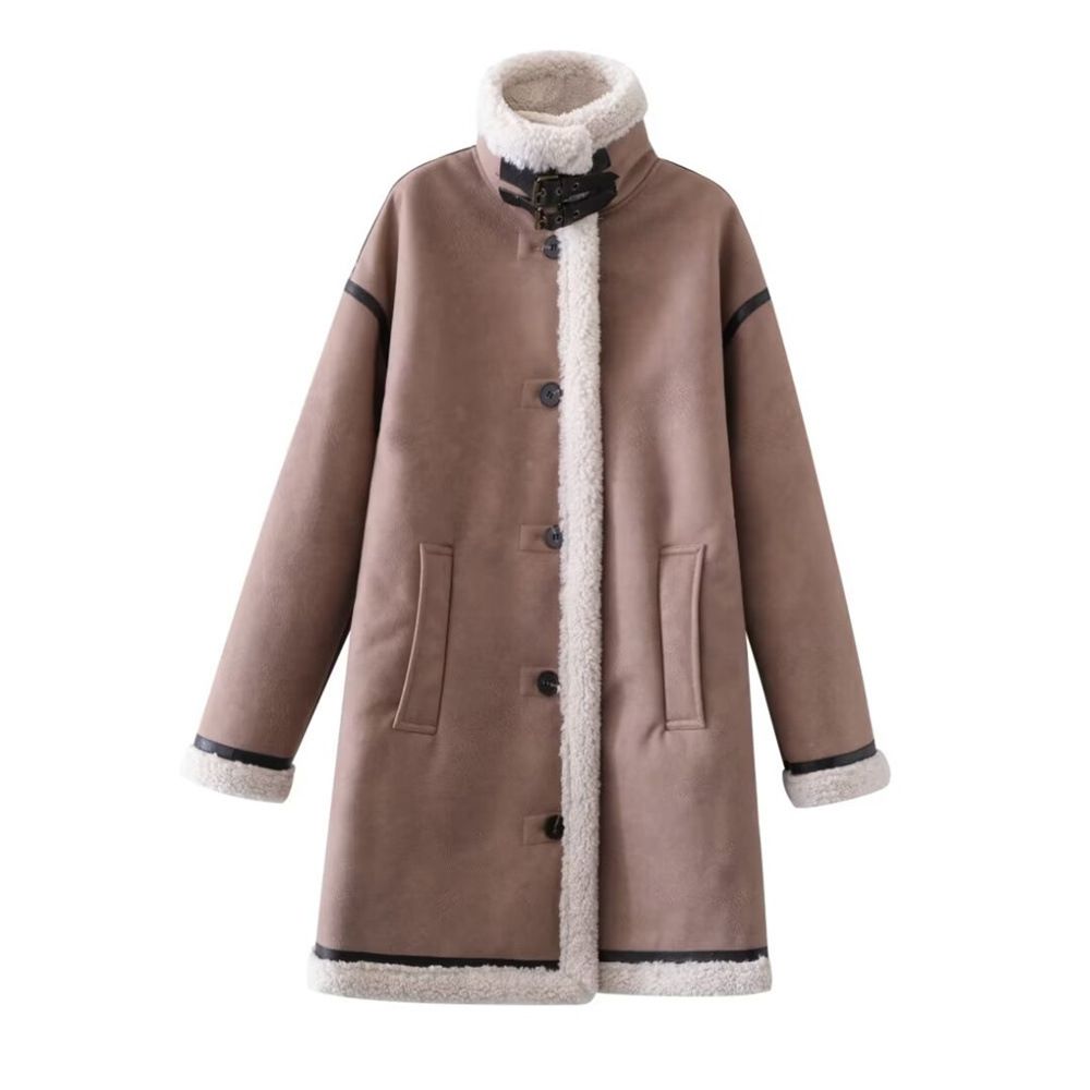 Abbigliamento donna autunno e inverno nuovo cappotto patchwork in pile giacca collo alto maniche lunghe_voghion.com