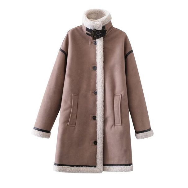 Abbigliamento donna autunno e inverno nuovo cappotto patchwork in pile giacca collo alto maniche lunghe_voghion.com