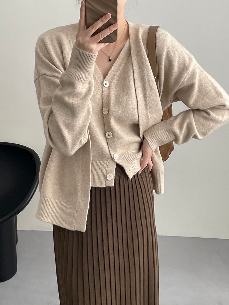 Ensemble de deux pièces de cardigan tricoté pour femme, nouvelle version coréenne d'automne, simple, col en V, pull doux et ciré, gilet pour femme_voghion.com