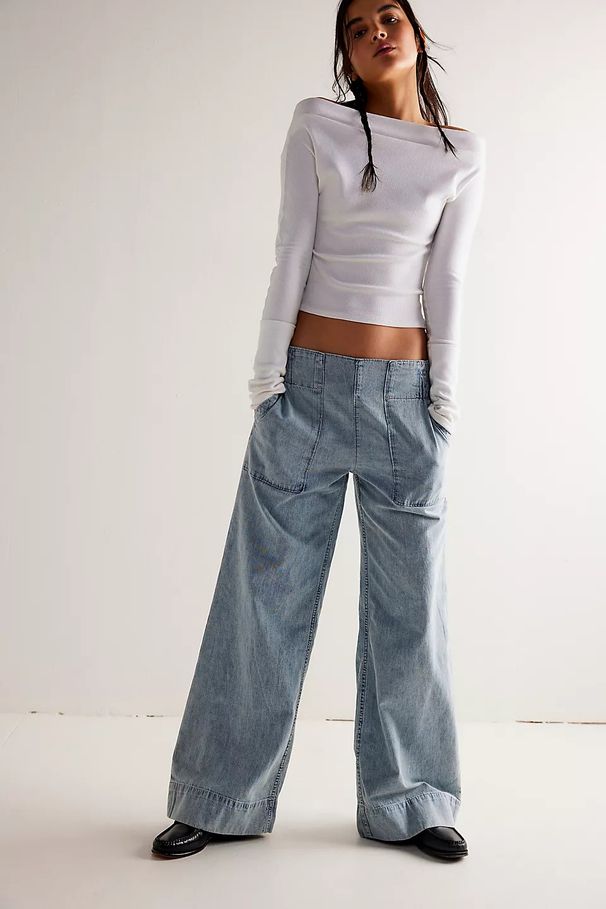 Pantaloni in denim larghi a vita bassa alla moda per donna - Comodi pantaloni elastici in vita, gamba dritta, stile streetwear_voghion.com