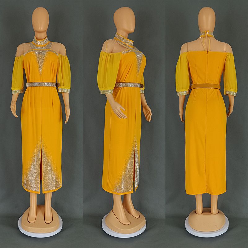 Women's Clothing Fashion Commuting Hip Wrapped Slit Dress Sexy Hot Diamond With Belt_voghion.com