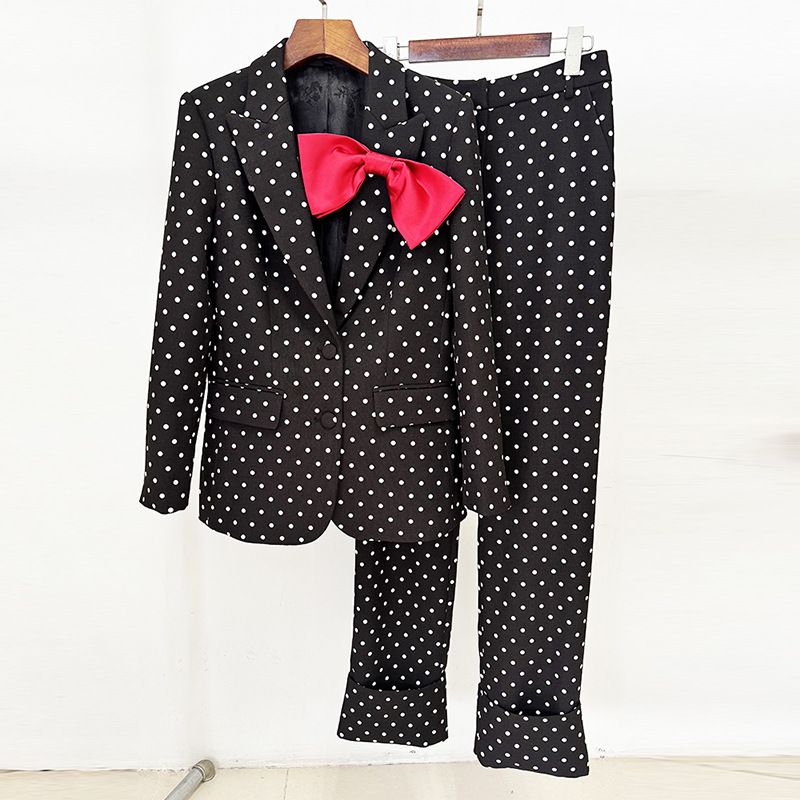 Traje de dos piezas para mujer, con estampado de estrellas y lazo, con lunares, chaqueta y pantalón_voghion.com