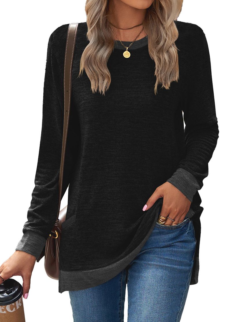 T-shirt casual allentata da donna con scollo tondo e tasca abbinata a maniche lunghe_voghion.com