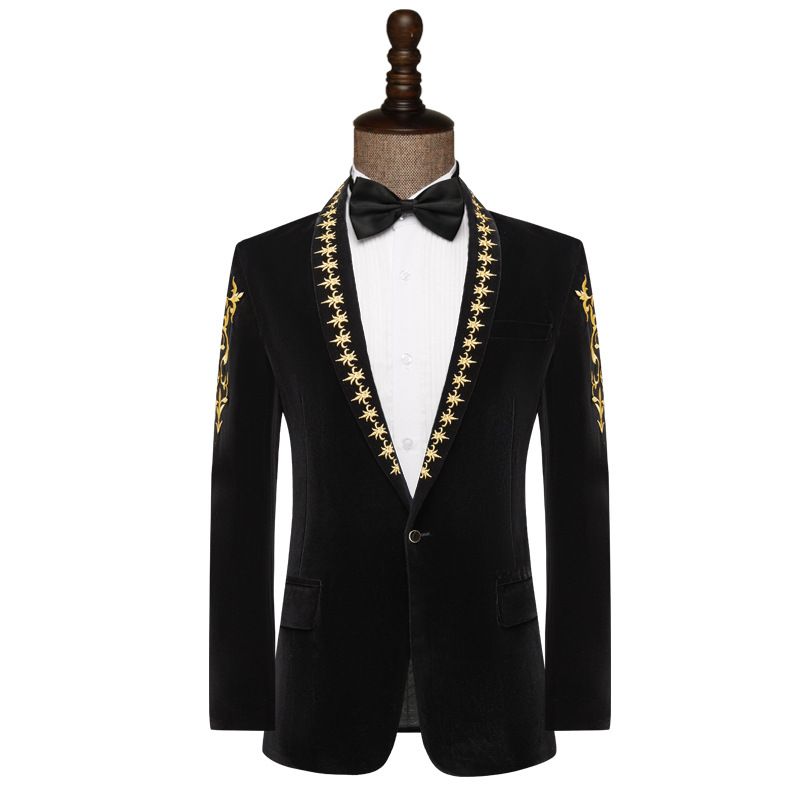 Herrenbekleidung Herrenkostüm Sänger Bühnenbar Performance Host Kunst Prüfungskleid Samt schwarz bestickte Anzugjacke_voghion.com