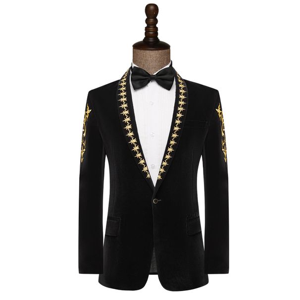 Herrenbekleidung Herrenkostüm Sänger Bühnenbar Performance Host Kunst Prüfungskleid Samt schwarz bestickte Anzugjacke_voghion.com