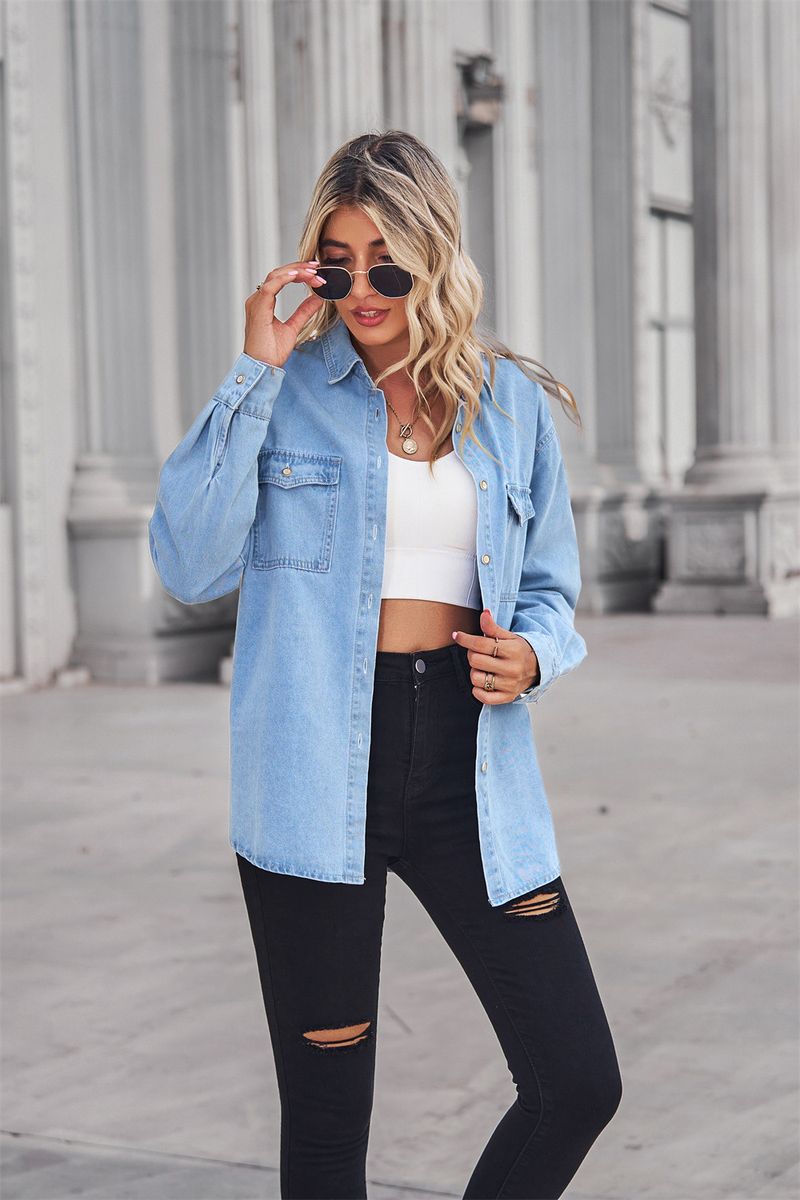 Abbigliamento da donna, nuova camicia a maniche lunghe in denim sottile e chiaro per donna_voghion.com