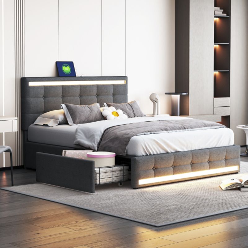 Polsterbett 140 * 200 LED-Polsterbett Mit 4 Schubladen Und 2 USB-Ladestationen, Bettrahmen Mit LED-Kopfteil-Fußteil, Gepolstertes Plattformbett Mit Stauraum, Leinenstoff Grau_voghion.com