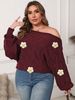 Plus Size Off Shoulder Batwing Sleeve Sweater For Women - Asymmetrical Design With Handmade Floral Details, Soft Acrylic Blend_voghion.com