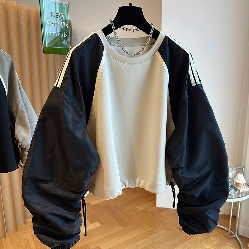 Felpa con cappuccio a maniche raglan con cuciture di nicchia europeo-coreane a contrasto di colore per le donne in primavera e autunno, stile americano_voghion.com