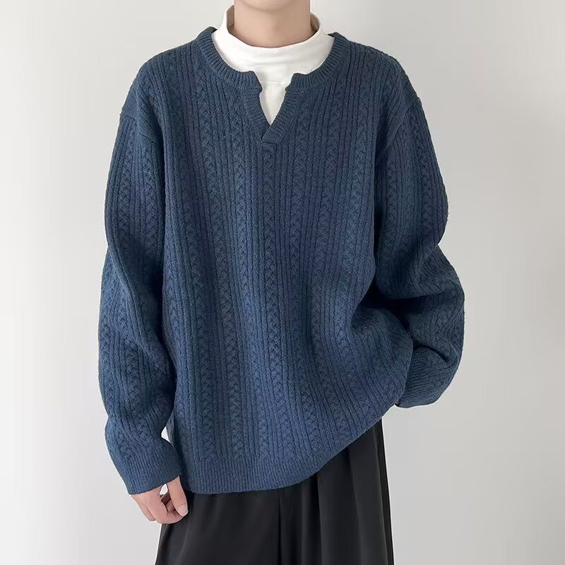 Maglione lavorato a maglia stile casual e rilassato per uomo giovane, con scollo a V e motivo intrecciato, marchio alla moda, maglione retrò americano, linea autunno e inverno_voghion.com