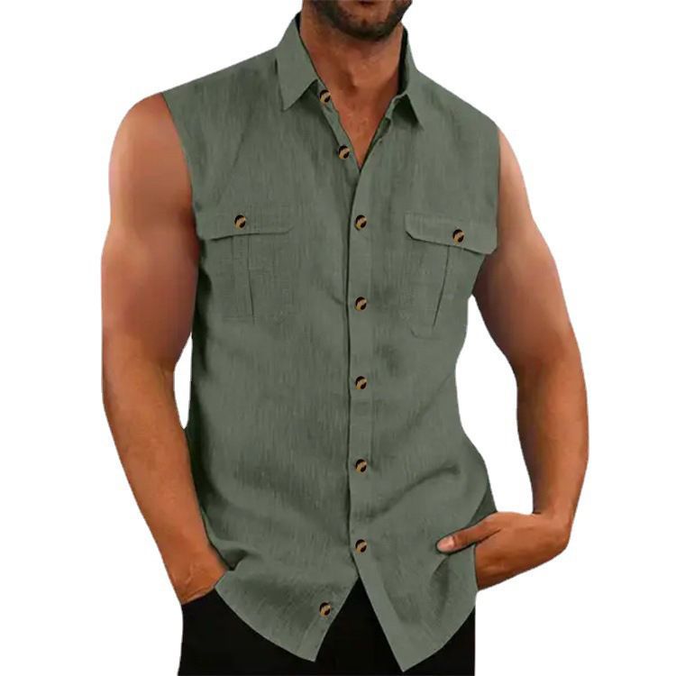 Unbeatable Quality 2024 Men's Solid Cotton Collar Sleeveless Fashion Simple Multi Color Casual Loose Shirt_voghion.com