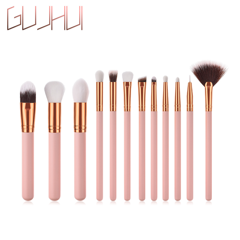 12-teiliges Make-up-Pinsel-Set, Beauty-Tools, Holzgriff, Roségold, klein, fächerförmig, gerade, GUJHUI_voghion.com