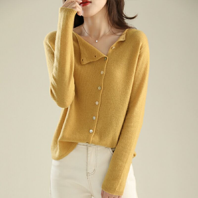 Strickjacke für frauen in frühen herbst, dünne 2024, neue design mit schrägen knopfleiste, langarm fleece pullover,_voghion.com