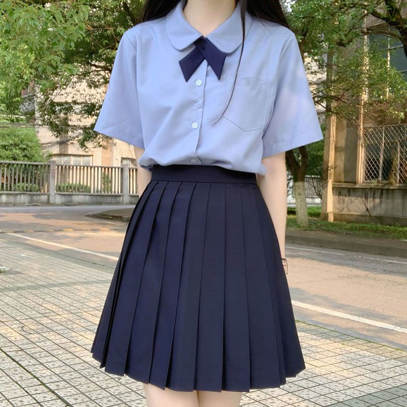 Uniforme JK de base, chemise de couleur unie, école japonaise, jupe courte plissée noire pour femmes, style académie d'été, ensemble complet_voghion.com