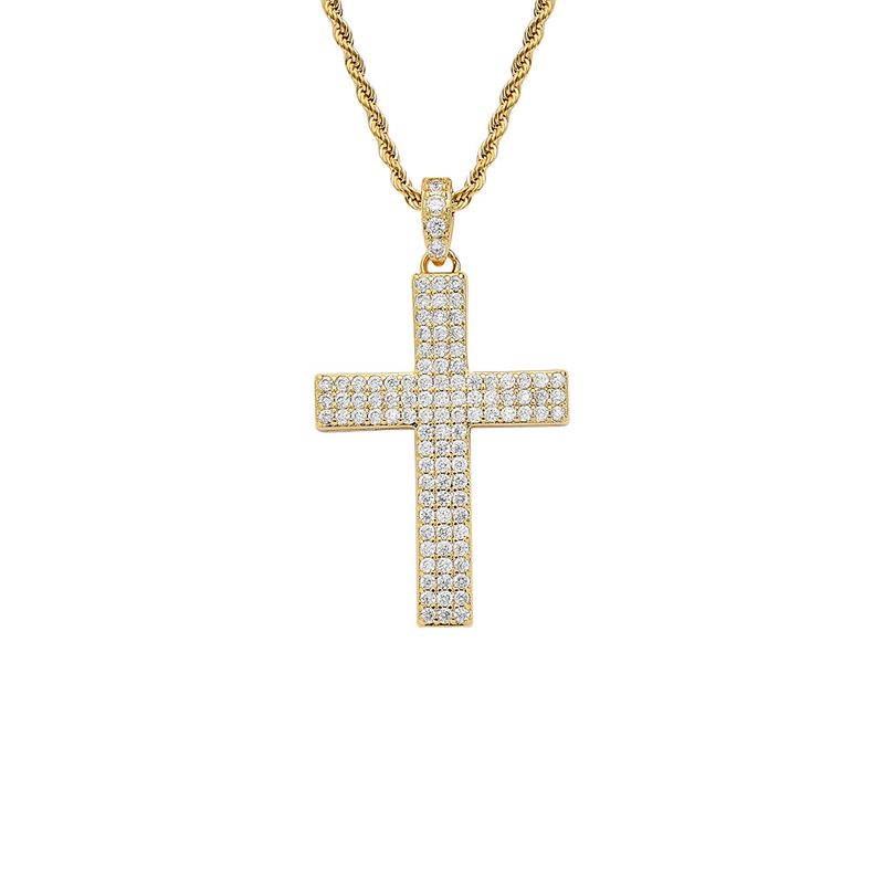 Ciondolo a 3 file con catena a croce in zircone a strati, gioiello hip hop in rame intarsiato alla moda_voghion.com