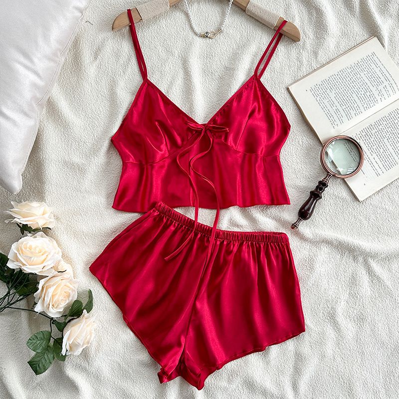 Damen Nachtwäsche Neue Seidenunterwäsche Sexy Heimkleidung Eisseidenpyjama Damen Hosenträger Bauchband Shorts Anzug_voghion.com