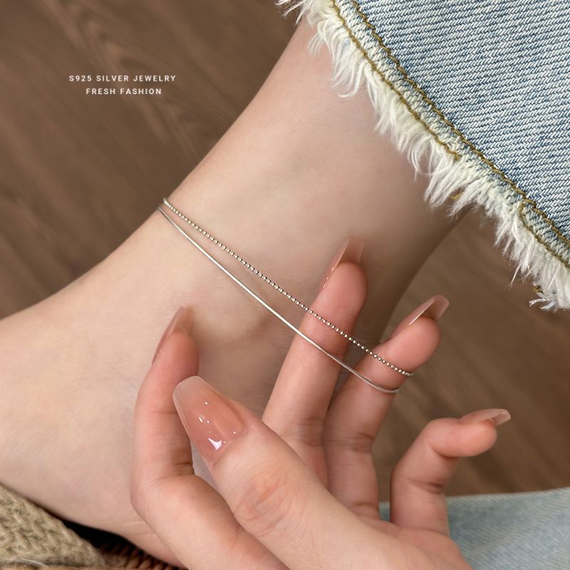 Minimalist Double Layer Anklet For Women, Pure Silver Fashion Round Bead Chain Anklet, Versatile And Unique Foot Jewelry_voghion.com