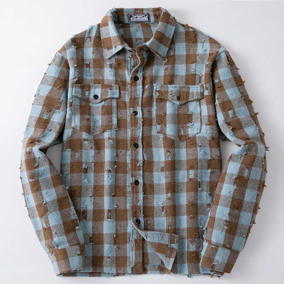 Men's Distressed Plaid Shirt – Vintage Washed Cotton Blend Long Sleeve Casual Shirt For Fall & Winter (Brown, Sizes M-3XL)_voghion.com